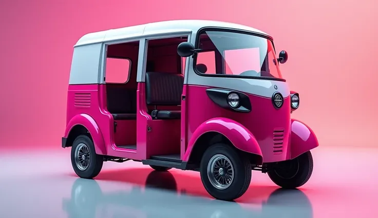 New 2025 New design Bajaj  maxima auto rickshaw sideview (pink) Shiny exterior showroom showcase background Logo