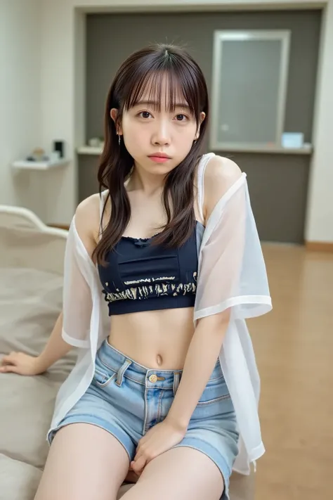   open shirt, (((  lean forward ))), ((,Round face, around   ,  miniskirt、  loose tank top)),    long hair, ,    natural cosmetics in the park, Lips become thicker,   sexy gaze,  barefoot, ((  raise one leg)),    shooting from below,Gentle expression ,((ve...