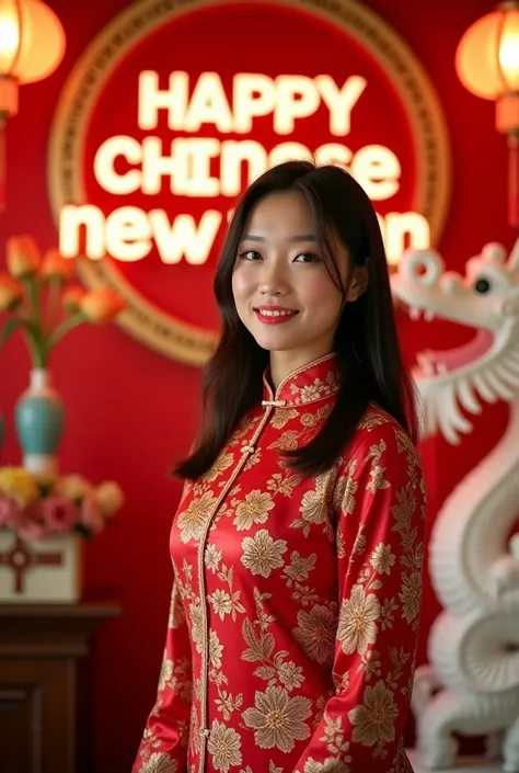 Photograph: A woman stands in front of a sign with the message \"happy chinese new year,\"  wore traditional red Chinese costumes with elaborate patterns . . They were surrounded by various decorative objects, such as lamps , Fans , And the white dragon st...