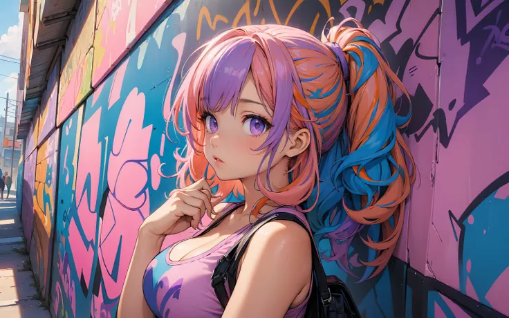 (best quality), masterpiece, extremely detailed CG uniform 8K illustration, high color, extremely high color saturation, all colors deepened, paint, graffiti art, center composition, extremely detailed light and shadow, graffiti wall, wall painted bright, ...