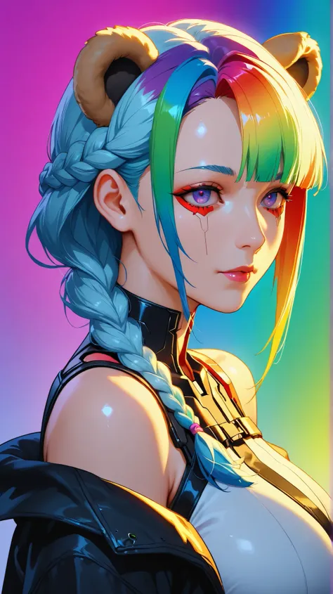 anime, 1girl, mature, cyberpunk fashion, hair style Braid rainbow color, polar chase, bear ears