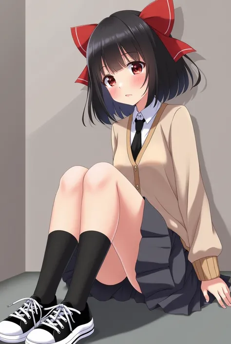  style: anime style
characters:female student
Appearance : red eyes、 short cut black hair 、 gray pleated skirt above the knee 、 black or beige cardigan 、 tie、 black socks、 slightly larger sneakers 、big red ribbon hair ornament on the head
compositions: low...