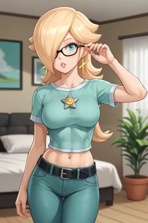 score_9, score_8_up, score_7_up, source_anime, rosalina, blonde hair, blue eyes, hair over one eye, long hair, star earrings, solo, cowboy shot, black t-shirt, taut clothes, tight shirt, midriff, navel, jeans, black belt, parted lips, glasses, adjusting gl...