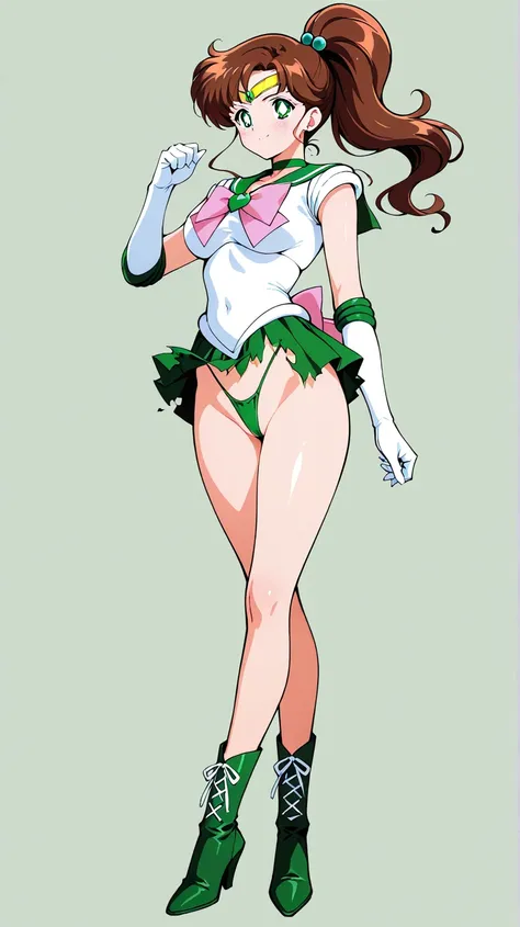 Sailor Jupiter, in a green thong , short blouse seen from the bottom, full body, top, pless ,  short skirt , torn skirt