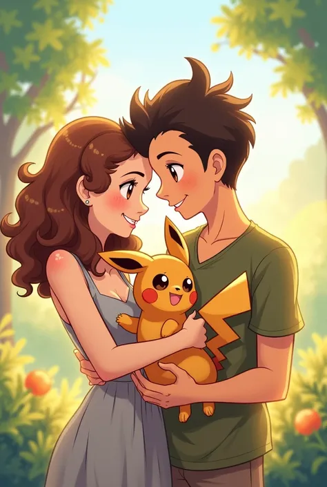 Cartoon of a couple with a light brown curly haired woman holding an Eevee, And a man with a dark brown tuft holding a pikachu