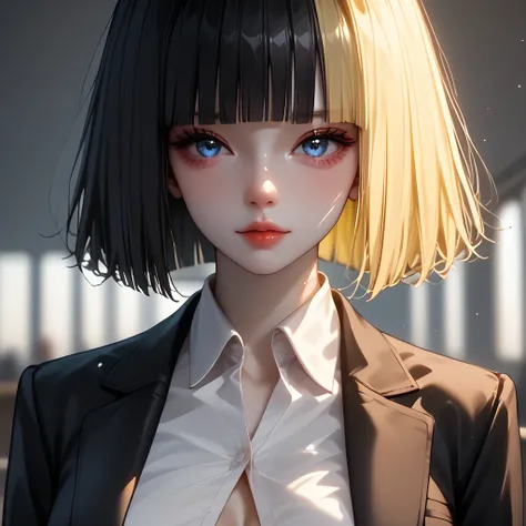 (( black hair))、(yellow inner hair), best quality 、 Masterpiece、( professional lighting without shadows )、 surreal, charming、 figure like a slender supermodel 、 One Girl , ( character in foreground, blurred background), (大きい胸), (Bright, beautiful blue eyes...