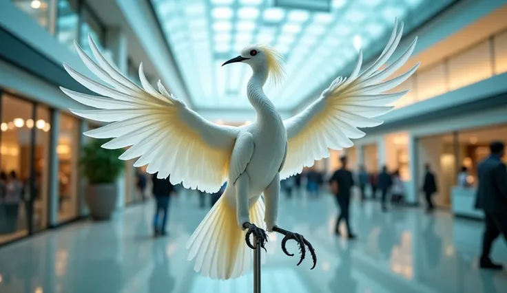 Extremely hyper realistic ultra natural photo of a white phoenix bird in a glass room at the sample mall for people.