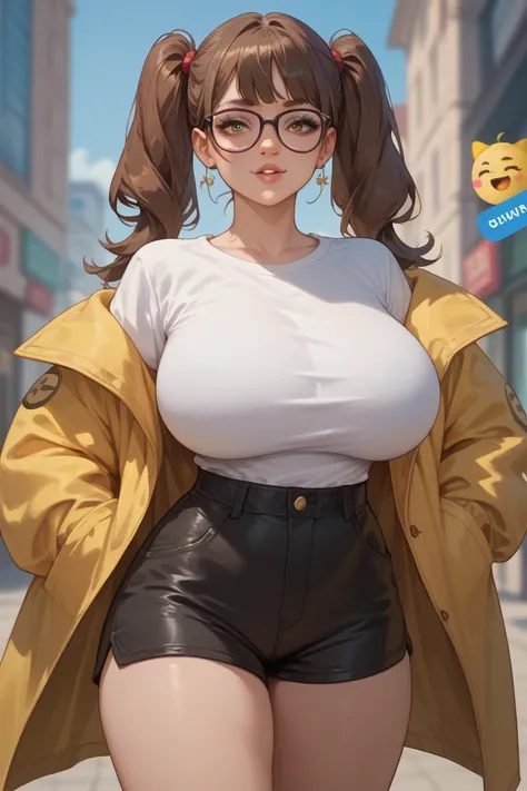 A simple nerdy girl, she wear glasses, are thin, gave huge breasts, medium but, white shirt with a nerd emoji printed in the middle, dark shorts, yellow coat, she have a long brown hair with pigtails