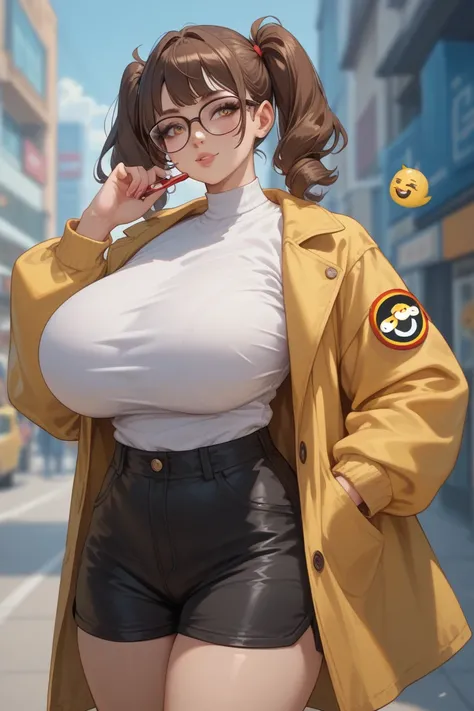 A simple nerdy girl, she wear glasses, are thin, gave huge breasts, medium but, white shirt with a nerd emoji printed in the middle, dark shorts, yellow coat, she have a long brown hair with pigtails