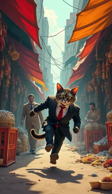 Scene 8: The Showdown in Mumbai
Setting: The colorful streets of Mumbai, alive with market stalls selling fish and catnip toys.
Description: Ethan Cat corners the villain in a chaotic market, leading to a fast-paced chase.
Mood: Fast-paced, confrontational...