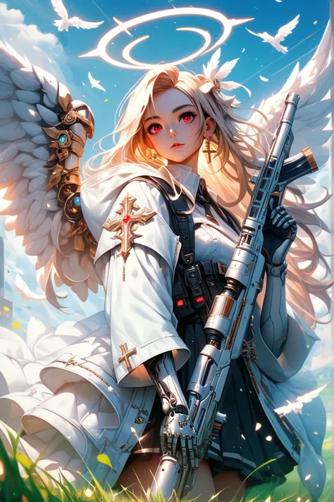 1girl, wings, halo, weapon, solo, gun, cross, hood, mask, holding, mechanical arms, looking at viewer, angel, feathered wings, long hair, holding weapon, holding gun, rifle, outdoors, grass, angel wings, cyborg, red eyes, single mechanical arm 