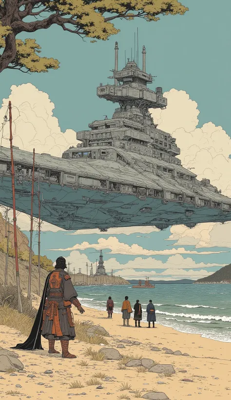  Super Real、  photorealistic、Japanese painting style、A sandy beach in the Edo period 、pine tree、 A group of samurai staring at the approaching Star Destroyer from the sandy beach、There's no way to beat a giant Star Destroyer 、Samurai who just stand still 
