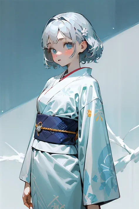  best quality,   super high resolution, illustration style, (( cute middle school girl)),( small tits),Medium grey hair, light blue eyes , white skin、Snow Woman、Kimono with a pure white snowflake pattern、