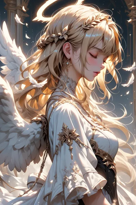 1girl, solo, halo, wings, long hair, angel wings, earrings, angel, jewelry, upper body, closed eyes, feathered wings, dress, bangs, blonde hair, from side
