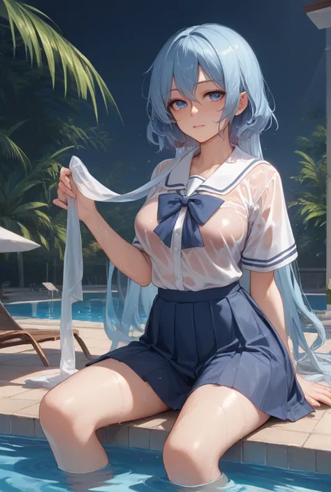 Touhou Nagae Eiku, 18 Year Old Girl, Light Blue Hair, Summer School Uniform, Wet, Sheer Clothes, Fantastic Poolside, Moonlight, Sexual Eye Temptation, Super High Resolution, Rich Contrast, Very High Quality, 8k, Very Delicate CG Unit Wallpaper