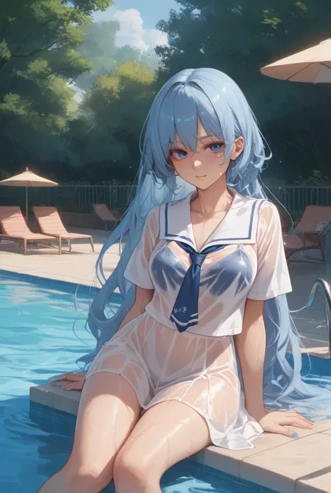 Touhou Nagae Eiku, 18 Year Old Girl, Light Blue Hair, Summer School Uniform, Wet, Sheer Clothes, Fantastic Poolside, Moonlight, Sexual Eye Temptation, Super High Resolution, Rich Contrast, Very High Quality, 8k, Very Delicate CG Unit Wallpaper