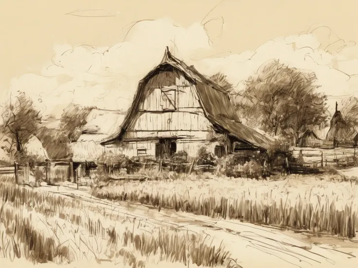 sketch,  Of a Dutch farm from 1876, ,  with thick, crossed lines ,  artwork .  Calcium light .   alta resolución,    masterpiece,  alta resolución,  lines of motion,   The best quality  ,   tall details,  ,  beige sketch  .