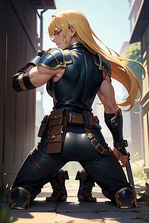 solo, long hair, looking at viewer, half-closed eyes, blonde hair, eye focus, outdoors, boots, leather pants, belt, looking back, from behind, muscular, kneeling, clenched teeth, shoulder armor, pouch, pauldrons, injury, alley, sword behind back, unsheathi...