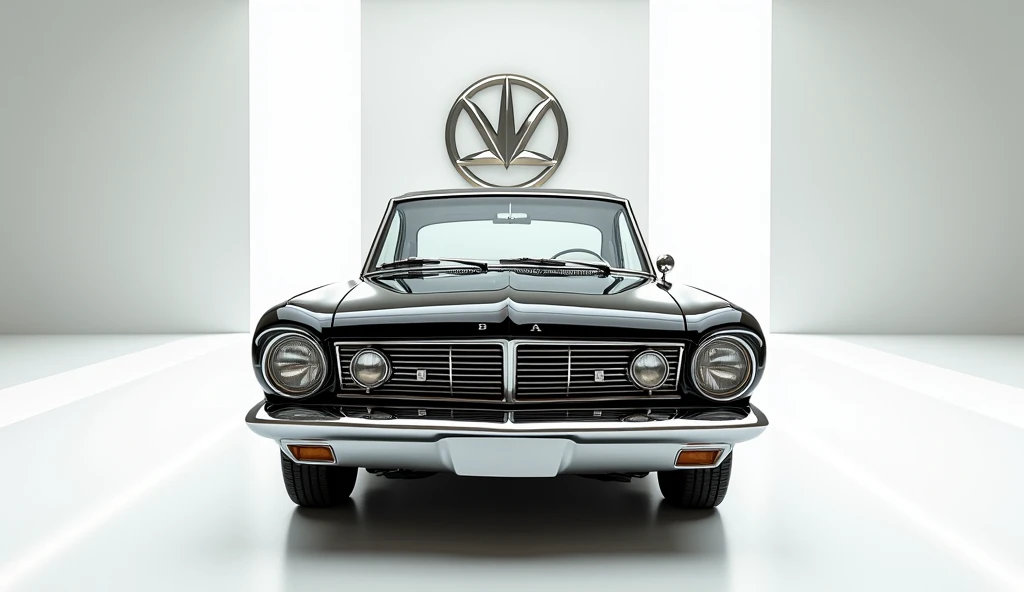 Generate full front view image of (  Plymouth Barracuda1964) in ( black) . It is place on a luxurious white showroom. (Company) Badge is prominently display large on the wall behind the car.