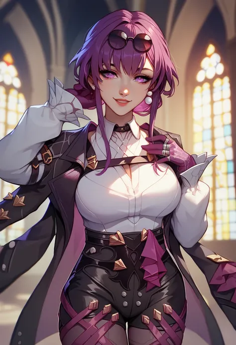  A girl,Kafka, purple eyes,   purple hair, fringe, Side Lock, Please,  place your glasses on your head , earring, white shirt,  collared shirt ,  Long sleeve black jacket ,   jacket on the shoulders , harness,  big boobs,  Purple Gloves , black shorts,  hi...