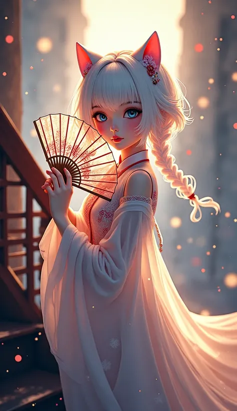 A captivating, high-quality anime-style illustration of a stunning and enigmatic girl with fair skin and an expressionless face. Her long, curly white hair is adorned with cat ears, and her captivating blue eyes gaze intently. She dons an elegant, ancient ...