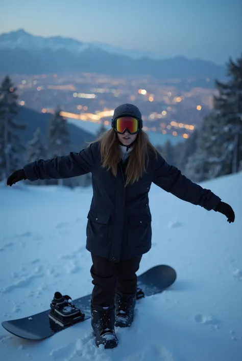 An adult video game woman ,  is on a snow-covered slope ,  probably in a mountainous region in Santiago, Chile . She is wearing a dark coat , possibly snowboarding or skiing with snow goggles, Her light brown hair comes out the side of the hole ,  out of s...