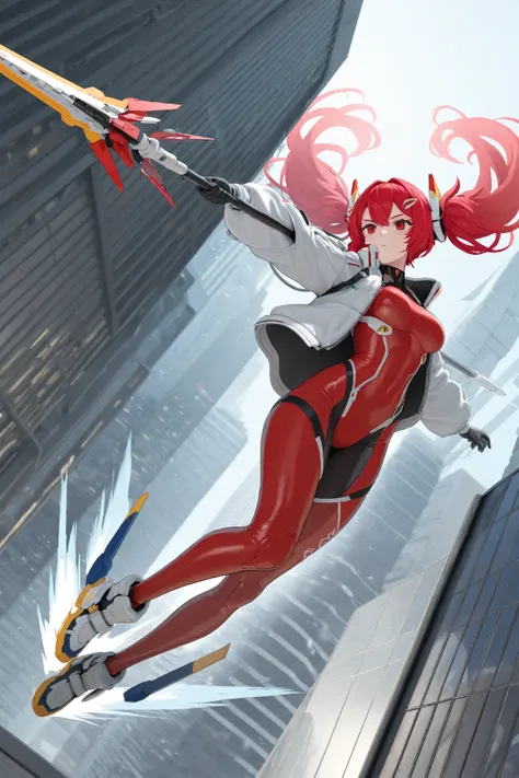 Maliss q red ransom, fully clothed, extremely beautiful, red hair, red eyes, futuristic city, 1girl, solo, tight body suit, red bodysuit with white engravings, white zipped jacket, long twintail hair, futuristic hairclips, holding futuristic spear, railgun...