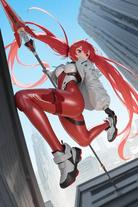 Maliss q red ransom, fully clothed, extremely beautiful, red hair, red eyes, futuristic city, 1girl, solo, tight body suit, red bodysuit with white engravings, white zipped jacket, long twintail hair, futuristic hairclips, holding futuristic spear, railgun...