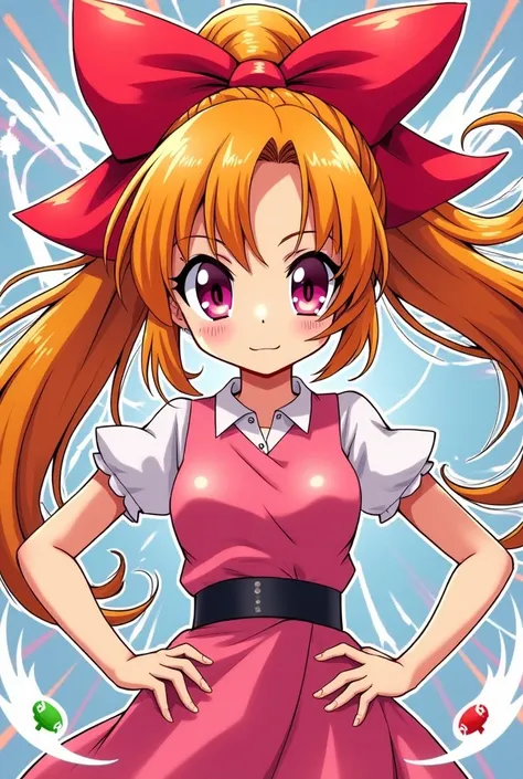 Japanese manga cover with dynamic and studious vibes, featuring Powerpuff Girl with long orange hair with big red bow, pink eyes and pink dress. The title reads "Blossom - The Commander and Leader"