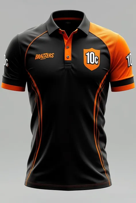 See we want a sports shirt with a polo collar in black and orange whose sponsor is Brazzers and that has a shield that says 10C

