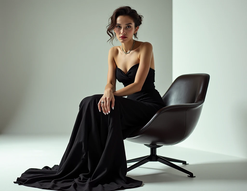 A model poses high fashion on a chair