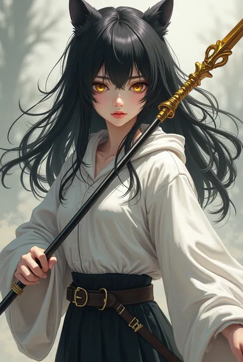  masterpiece,  best quality angle, super detailed, A little werewolf girl from the anime,  black hair,  golden eyes,  bangs covering one of the eyes,  fair skin , voluminous white clothes, closed and cold, black suit under,  small breasts,  wielding a gold...