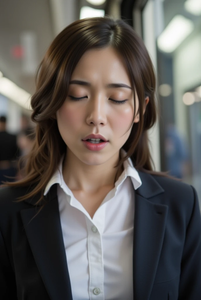    beautiful brown-haired woman   , Commuter trains in Japan,Crowded car interior,   woman in a business suit wearing a white shirt  、Wide Chest , (( Beautiful Actress Cum   )) ,   close-up with your eyes closed  , (   8K ultra HD  :0.8),   More details,  ...