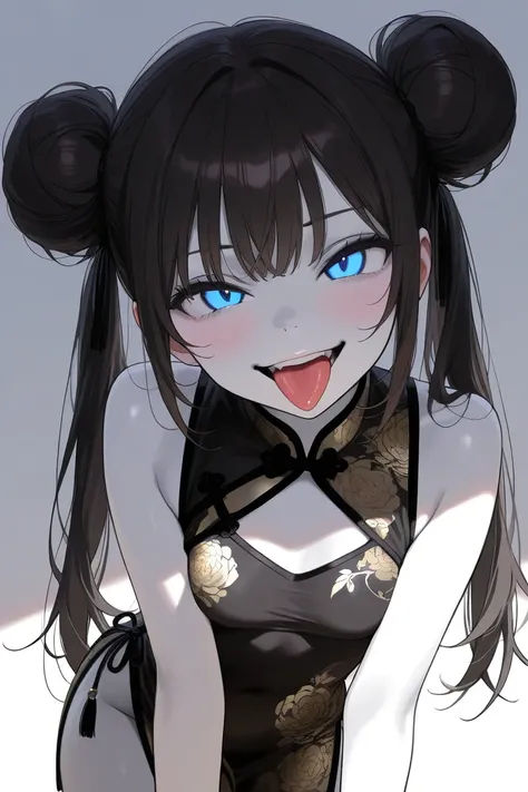 (Best Quality, Background Detail), Best Quality, Original Detail Dynamic Art, Anatomically Correct, Tongue Out, Blue Eyes, Aside, One Girl, Provocative Gaze, Evil Smile, (White Skin), Twin Tails, Dark Hair, (Black China Dress), (Shade), Bad Girl,. ((sexy p...