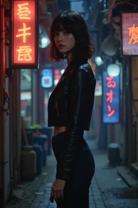 "1980s Hong Kong action-noir film scene featuring a glamorous female protagonist with shoulder-length permed hair, wearing a black leather jacket and high-waisted jeans, standing in a dimly lit alley. Neon signs glow in the background, and she holds a pist...