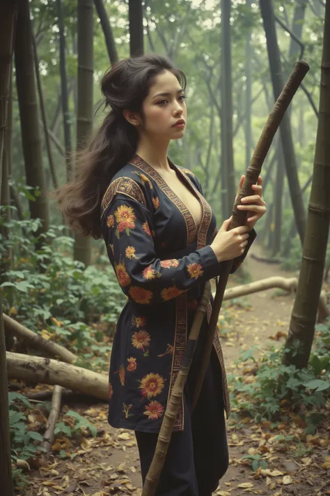 "1980s Hong Kong martial arts film scene featuring a fierce female protagonist. She wears a traditional kung fu outfit with intricate embroidery, standing in a bamboo forest. Her stance is dynamic, holding a long wooden staff, with leaves swirling around h...