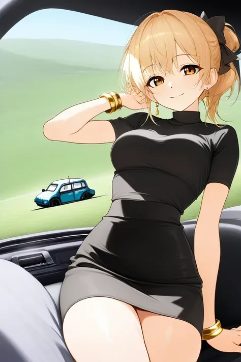  Beautiful girl, blonde,  hair tied up , elegant bow , gold earring , driving a golf buggy ,  tight black short sleeve t-shirt,  Black mini skirt, golden bracelet,  medium breasts ,  thin waist ,  big thighs,  hand touching hair ,  smile