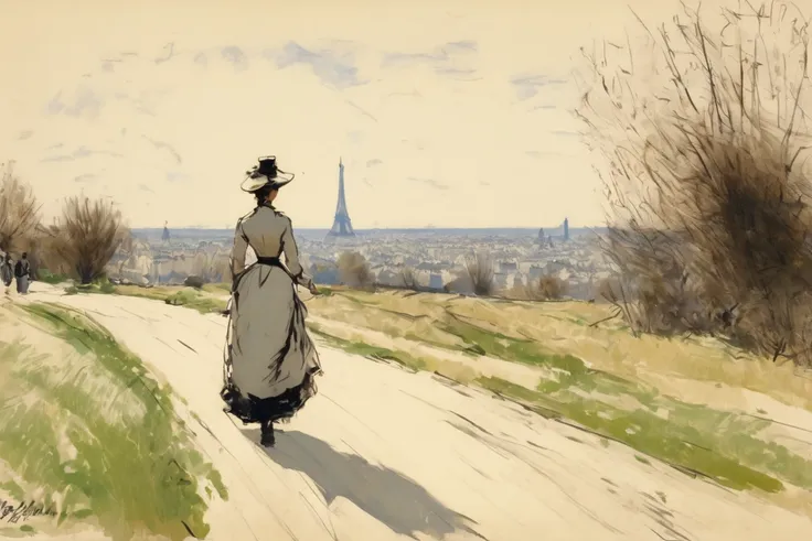 sketch, Of a woman walking through a wide landscape of Paris in 1876, ,  with thick, crossed lines ,  artwork .  Calcium light .   alta resolución,    masterpiece,  alta resolución,  lines of motion,   The best quality  ,   tall details,  ,  beige sketch  ...