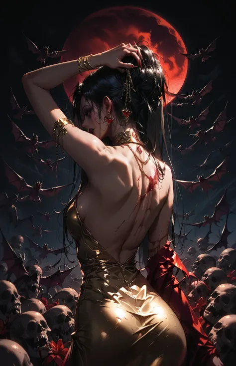 Girl from back,   You can see a flat bare back detail, herida y blood en la espalda,Vampire bite on the neck, blood, has a necklace, nice view,  turning her back ,  face sideways, Hair falls out,   elegant dress ,   gold dress,   dead flowers  , Bats, cala...