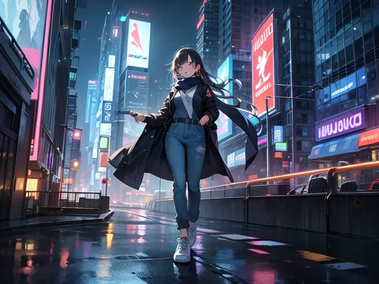 
( best quality,4K,8k, high resolution,masterpiece:1.2), Delicate eyes, Delicate lips, futurist, grunge, Rustic, A denim jumpsuit with a cinched waist, accessorized with a scarf, white sneakers, and hoop earrings, futuristic cityscape at night, neon lights...