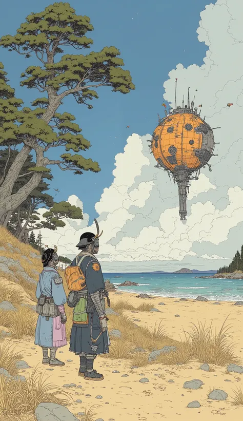  Super Real、  photorealistic、Japanese painting style、A sandy beach in the Edo period 、pine tree、 a group of samurai staring at Colony Otoshi from the sandy beach、There's no way to beat a falling space colony 、Samurai who just stand still 