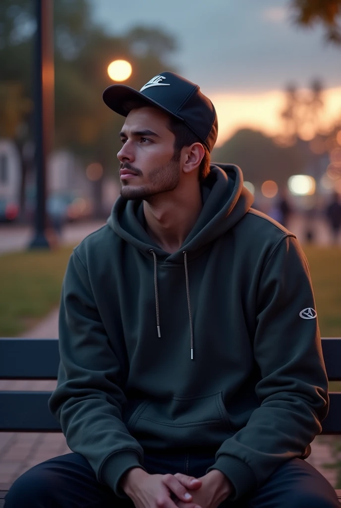 Handsome Young Guy in Nike hat sitting on bench in que evening