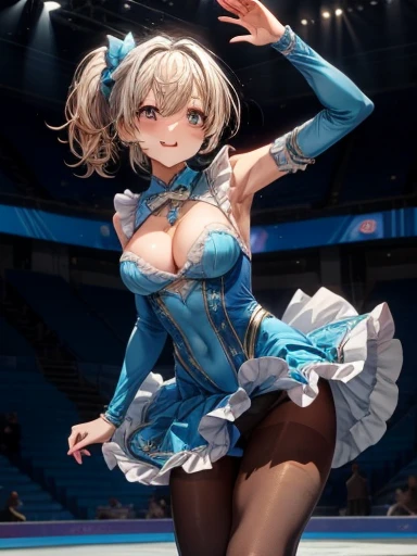  best quality、 total limb、 all the way to the fingertips、  next to a beautiful woman 、  beautiful busty women 、 Straight Haired Women 、  brown-haired woman  、 Figure Skater 、Light blue figure skating leotard with ruffled skirt、Leotard with a cool pattern、(...