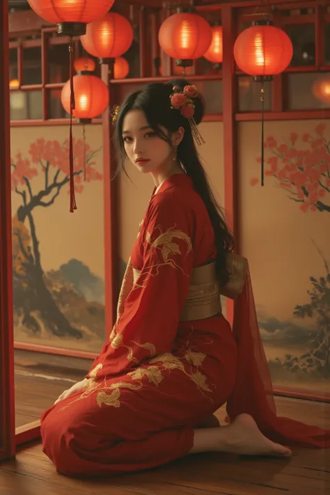 "A radiant woman with sleek, jet-black hair styled into an elaborate updo decorated with intricate gold hairpins and fresh peonies. She wears a stunning silk kimono in deep crimson with golden phoenix embroidery and an obi wrapped with shimmering threads o...