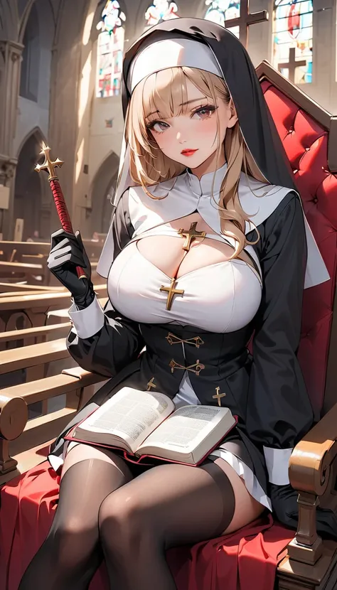  a girl ，Baby Face Big Breasts， red lips，Wearing lipstick，shy，Very red face，nun，带着nun帽， showing cleavage ，Wear black stockings， with black embroidered gloves，church，giving speech，Sit in the seat ，Holding a whip， with a Bible in one hand 