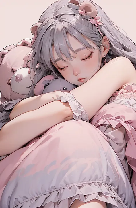     small characters  、 10 Talents  、   gray hair long、     red eye、     princess、      anime style、(.(  face down:1.25).).、((background、  pink gradation)).((I'm sleeping with a stuffed bear:1.35)).