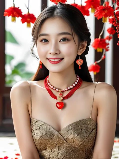 The most exclusive piece , pictureวาดสีน้ำมันสดใส,  of a beautiful 25-year-old Chinese girl with long hair hanging up on a small braid, several strands of hairpins attached to a beautiful pendant necklace., , several gold necklaces , The largest strand has...