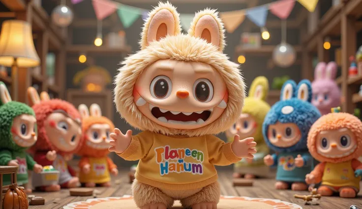 Labubu, cute characters like brown furry dolls, and pumpkin friends like green furry dolls, pumpkin friends like blue furry dolls, pumpkin friends like red furry dolls,wearing t-shirt with colorful text "Haneen Hanum"
"A detailed and cinematic image of Lab...