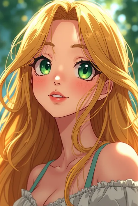 Make an anime-style cartoon of a young adult woman, From long hair to the waist as golden as gold, and dark green eyes like emeralds