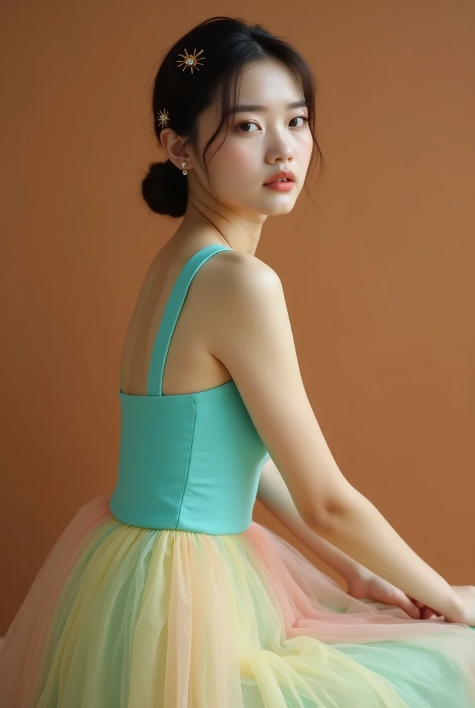 A young woman sits in a sideways position, looking towards the camera. Her hair is neatly tied back, adorned with small and delicate accessories. Her skin is smooth, and the natural light creates a soft effect on her face and body.She is wearing a turquois...